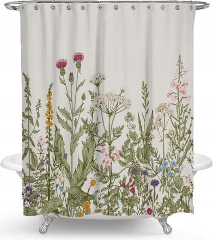 Dusjforheng med 12 ringer for feste, 180x200 cm, grønne planter