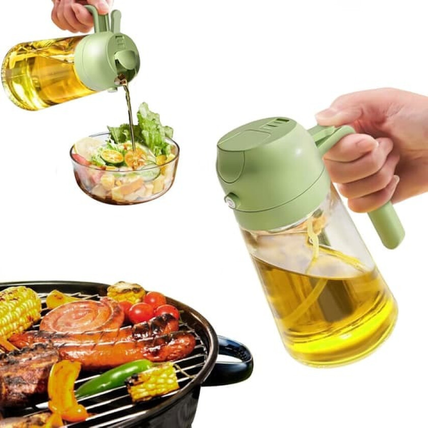 2-i-1 olivenoljedispenserflaske for matlaging, til kjøkken, 470 ml premium glassoljeflaske, matvaregodkjent oljesprøyte for airfryer, BBQ (grønn)