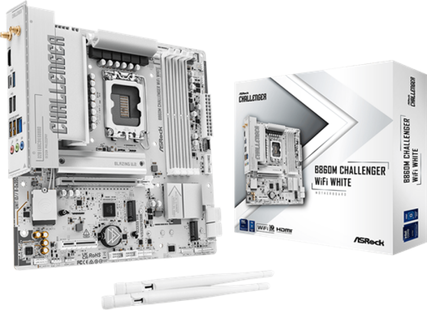 B860M Challenger WiFi White Hovedkort - Intel B860 - Intel LGA1851 - DDR5 RAM - Micro-ATX