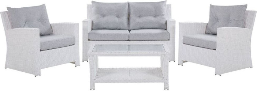 Hagesofasett i hvit kunstrotting, grå puter, konversasjonssett i flettet kurv til utendørs bruk
