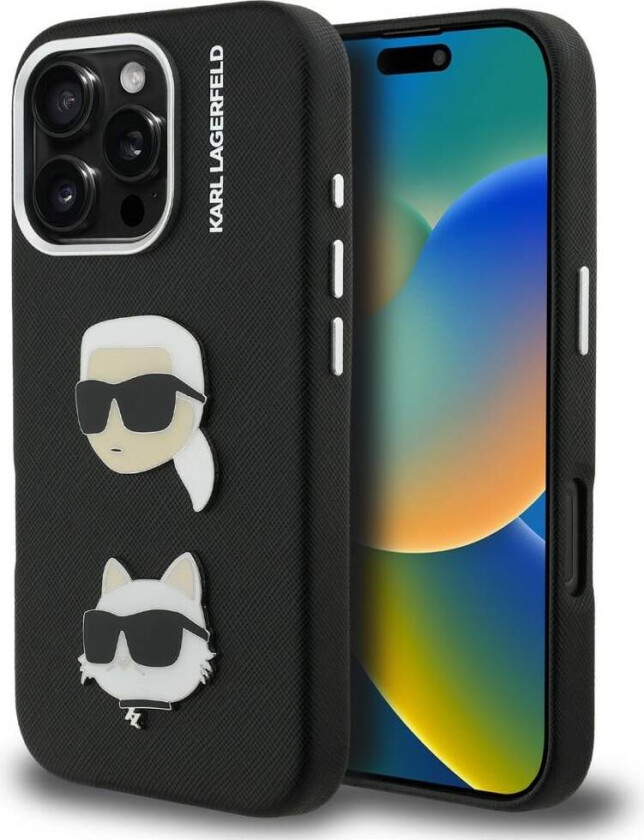 FW Grained Karl & Choupette Heads Pins-etui til iPhone 16 Pro – svart