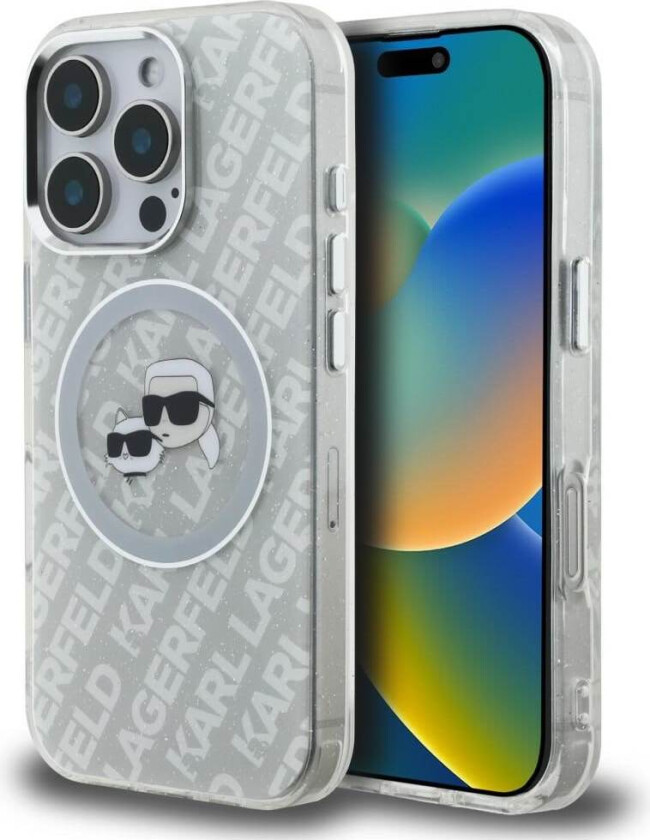 IML-glitter m. Karl & Choupette-hoder-logo, MagSafe-etui til iPhone 16 Pro Max – grå