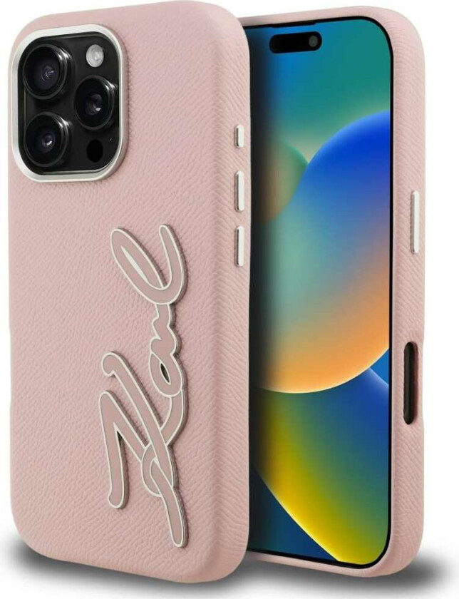 FW iPhone 16 Pro Max-etui med strukturert signaturlogo – rosa