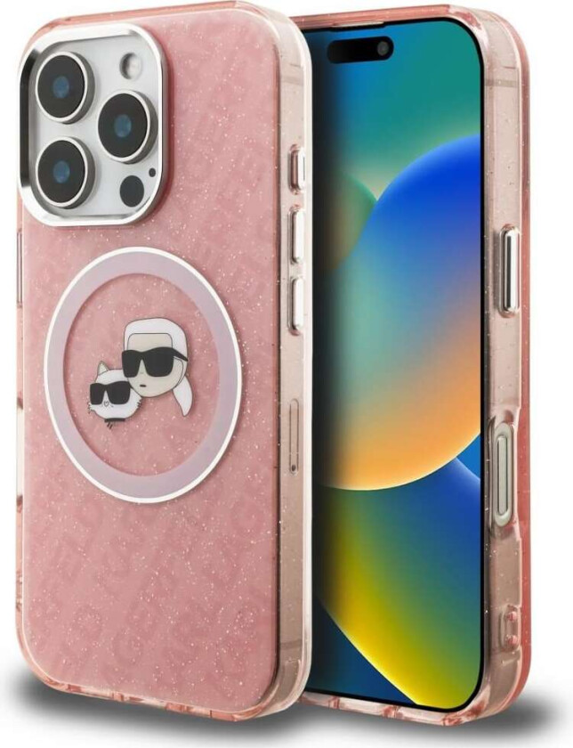 IML-glitter m. Karl & Choupette-hoder-logo, MagSafe-etui iPhone 16 Pro Max – rosa