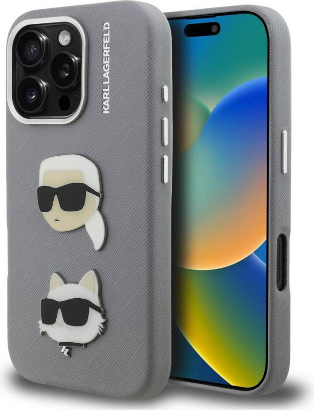 FW Grained Karl & Choupette Heads Pins-etui til iPhone 16 Pro – grå