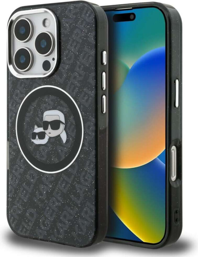 IML-glitter m/Karl & Choupette-hoder-logo, MagSafe-etui iPhone 16 Pro – svart