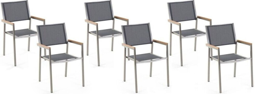 Sett med 6 hagestoler Grå Sølv Stoff Rustfritt stål Armlener Kan stables Spisestoler Hagemøbler