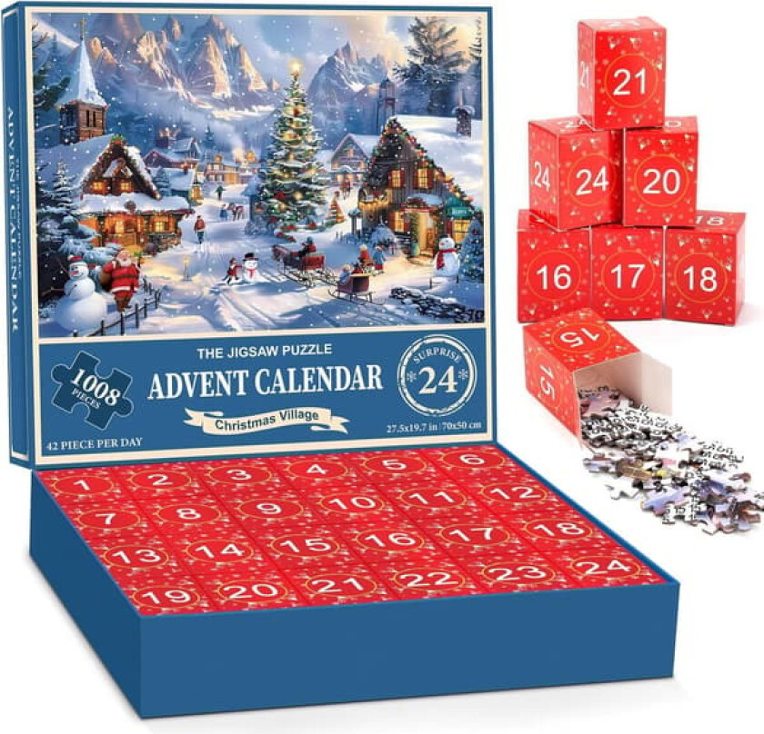 Adventskalender 2024 Puslespill, 24 Bokser Julekalender for Voksne Barn, Familiespill i Julen, 1008 Biter, Julelandsby