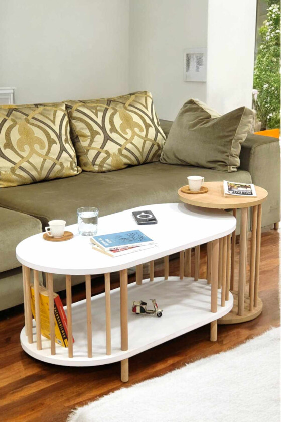 Sofabordsett Hanah Home Peka Set (90 x 43 x 45 cm) Hvit Sapphire eik - Hvit og safireik