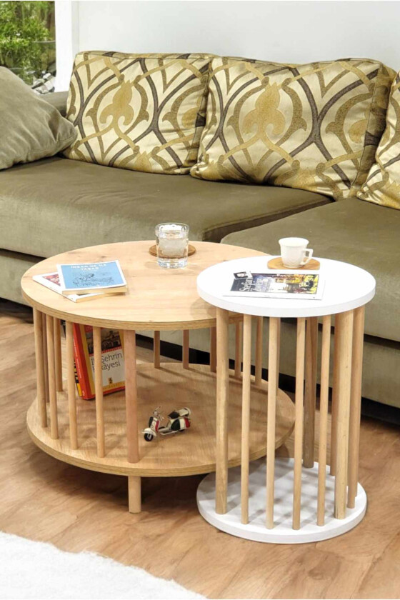 Sofabordsett Hanah Home Peka Set Pro (Ø60 x H43 cm) Sapphire eik hvit - Sapphire Oak og hvit