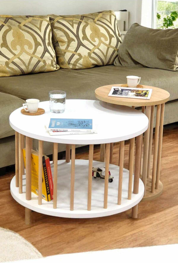 Sofabordsett Hanah Home Peka Set Pro (Ø60 x H43 cm) Hvit Sapphire eik - Hvit og safireik