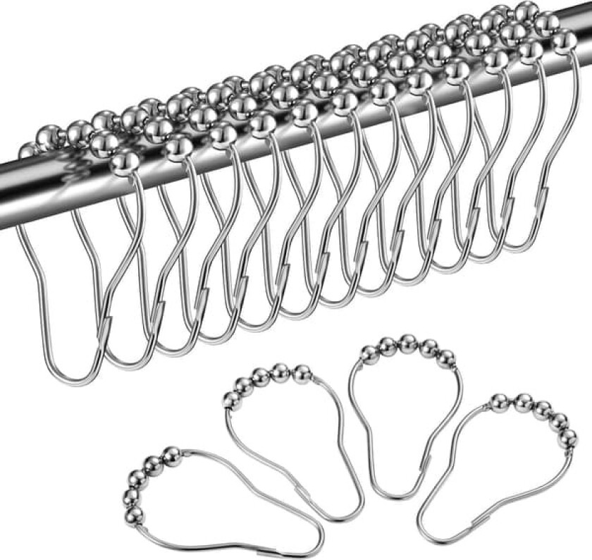 12-pakning dusjforhengringer i rustfritt stål med glidesystem, egnet for dusjforheng, 12 enkeltkroker, 70x35 mm