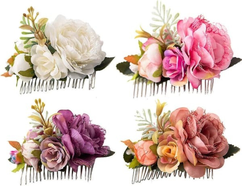 4-pakning metall hår sidekammer sklier med kunstig roseblomst blomster bryllup brude klips hårpynt hårnåler spenner hårknute