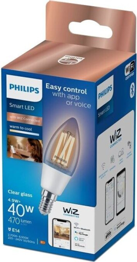 Filament mignion klar 4,9 W (tilsvarer 40 W) C35 E14, Smartpære, Gjennomsiktig, Hvit, LED, E14, Hvit, 2700 K