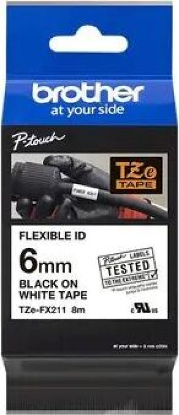 TZFX211 - Svart på hvitt - Rull (0,6 cm x 8 m) fleksibelt bånd - for  PT-D210, D600, H110, H200  P-Touch PT-1005, E550, P900  P-Touch Cube Plus PT-P710