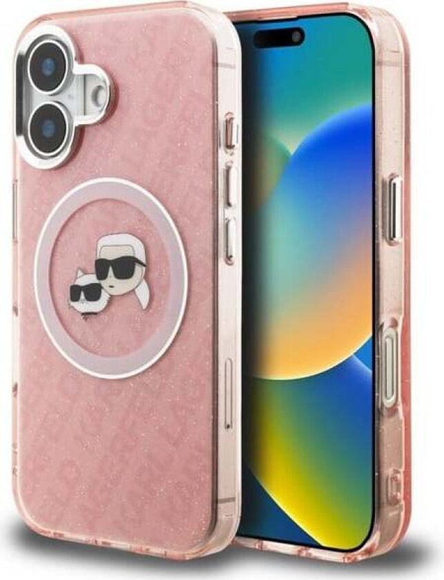 IML Glitter Karl & Choupette Heads Logo MagSafe iPhone 16 Case - Pink