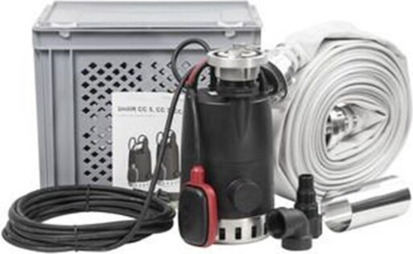 Multiboks med Grundfos dreneringspumpe, filterboks, 15 m. slange og tilhørende adapter