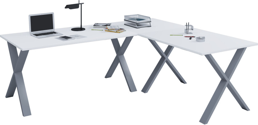 Bilde av Lona hjørneskrivebord 220x190x80 cm X-ramme hvit, sølvfarget.