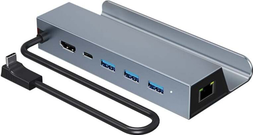 NÖRDIC USB-C 1 til 6 dokkingstasjon for Steam Deck, HDMI 2.0 4k60Hz, RJ45, USB-A 3.0 5 Gbps, 100W USB-C PD