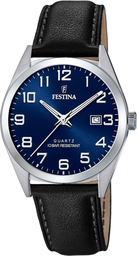 Classic Date F20446/2 - Kvarts - Sølv - Herreklokker - Skinn - Mineral