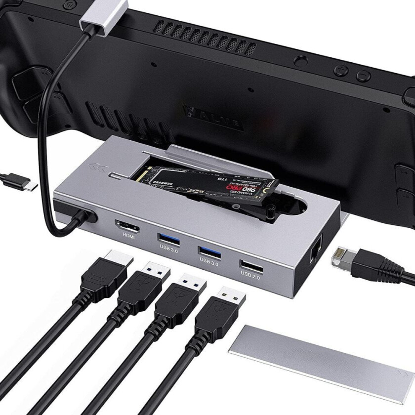 NÖRDIC Steam Deck-dokkingstasjon 1 til 7 - 1xHDMI 2.0 (4K60Hz), 1xM.2 SSD, 1xUSB-C PD 100W, 2xUSB-A 3.1, 1xUSB-A 2.0, 1xGigabit Ethernet