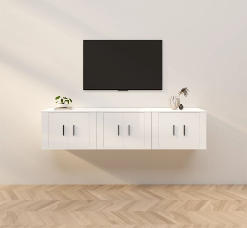 Vegghengte TV-benker 3 stk høyglans hvit 57x34,5x40 cm