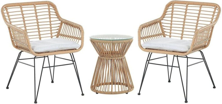 Bistrosett Brun Kunstrotting Svart Stål Hårnålsben i stål 2 Stoler med Grå Puter Glassbordplate Moderne 2-seters utesett