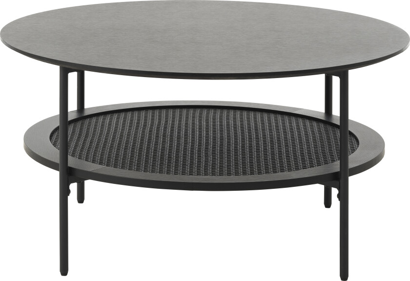 Pensacola salongbord, med 1 hylle, rundt - svart melamin og svart polyrattan (Ø80)
