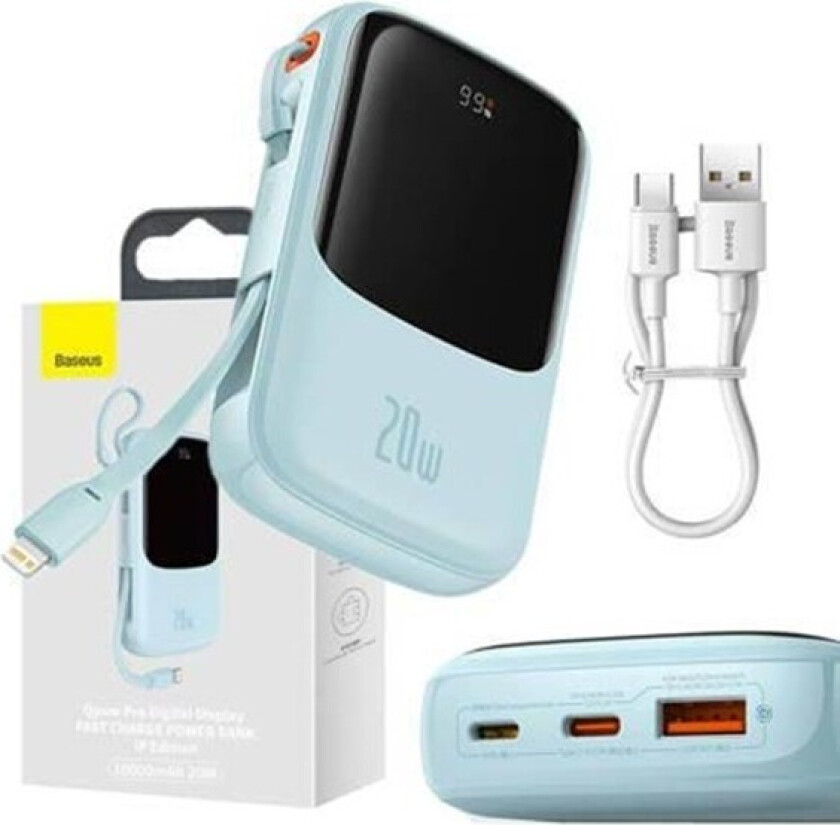 Powerbank Qpow Pro with Lightning cable USB-C USB 10000mAh 20W (blue) Nødlader - Blue - 10000 mAh