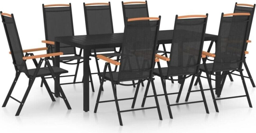 Utendørs spisestue 9 deler aluminium svart