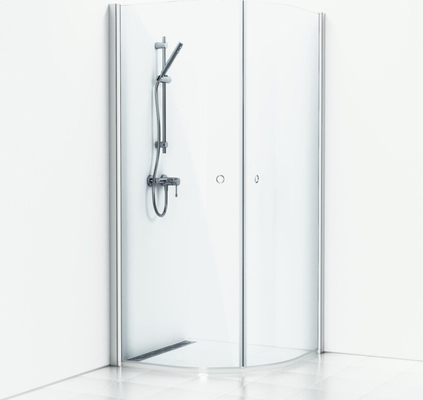 Skoga buet dusjhjørne 80 x 90 cm, klart glass/matt alu, m/hullgrep