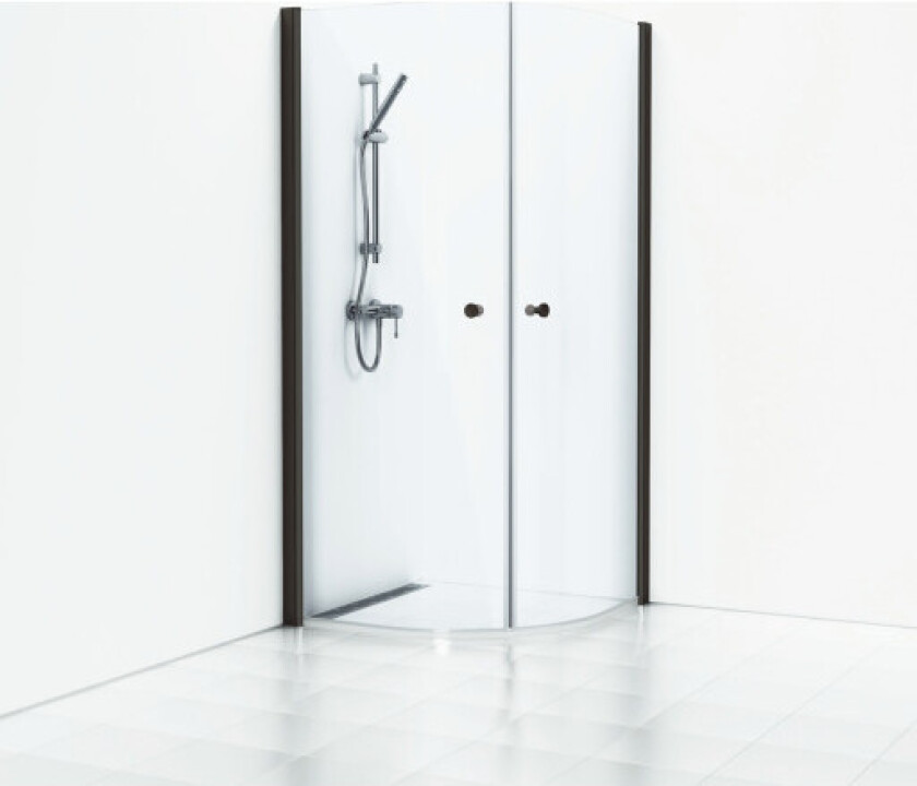 Skoga buet dusjhjørne 80 x 80 cm, klart glass/matt sort, m/knoppgrep