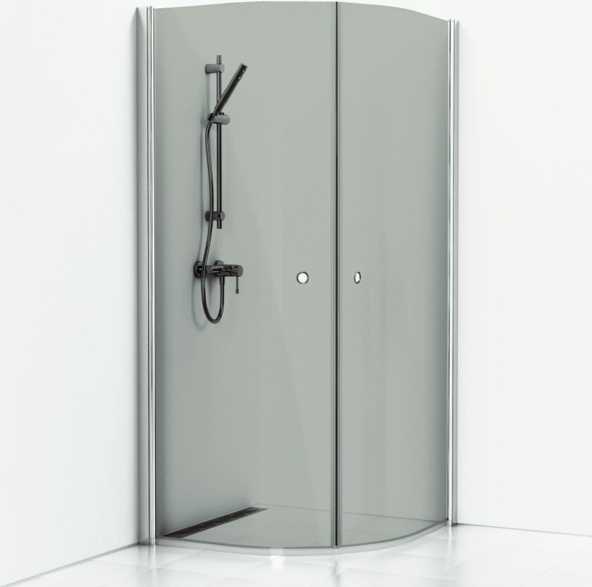 Skoga buet dusjhjørne 80 x 90 cm, røykfarget glass/blank alu, m/hullgrep