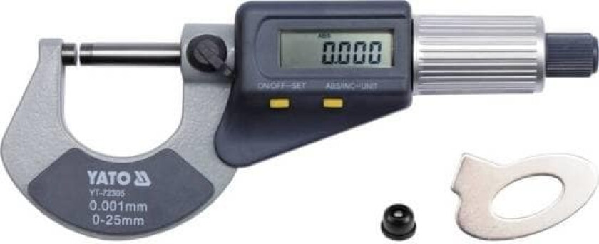 Yato YT-72305, 2,5 cm, Digital utvendig mikrometer, Blå, Grå, Rustfritt stål, Karbon, Polyvinylklorid (PVC), Aluminium, MM Fiber