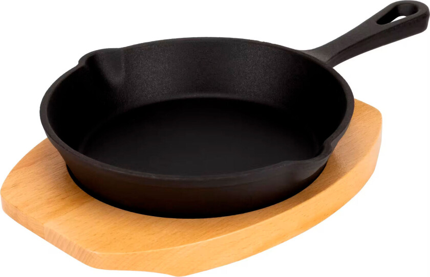 Serveringsgryta i gjutjärn 16 cm, underlägg i trä