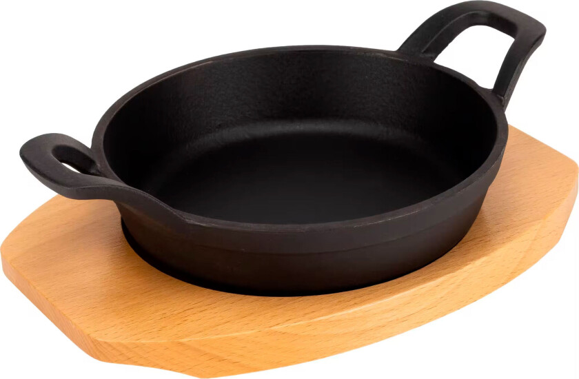 Serveringspanna i gjutjärn 16 cm, underlägg i trä