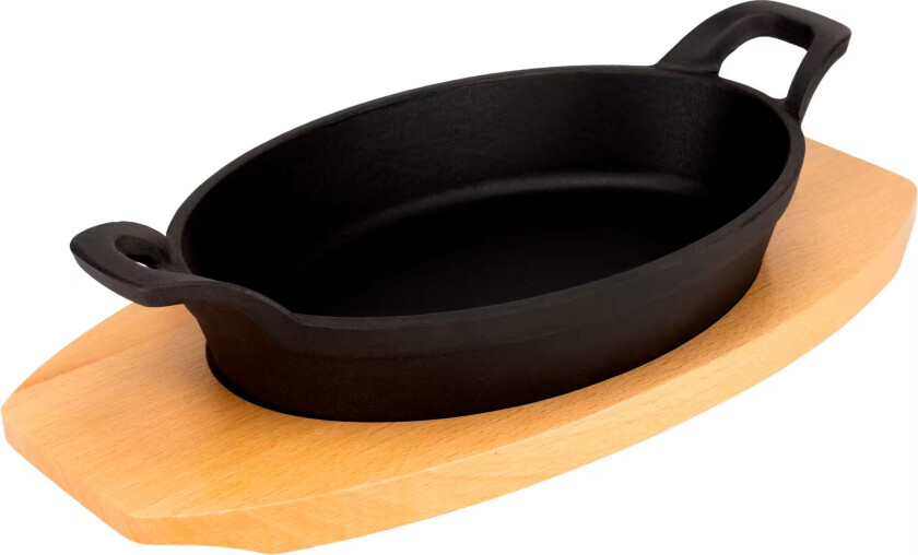 Oval gjutjärnspanna 22 cm, underlägg i trä