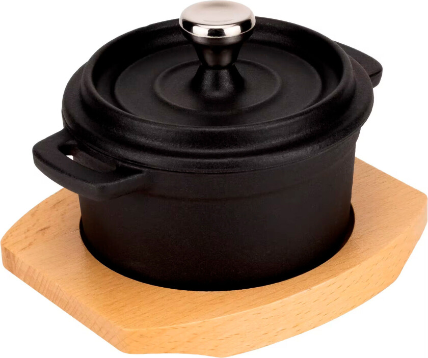 Serveringsgryta i gjutjärn 10 cm, underlägg i trä