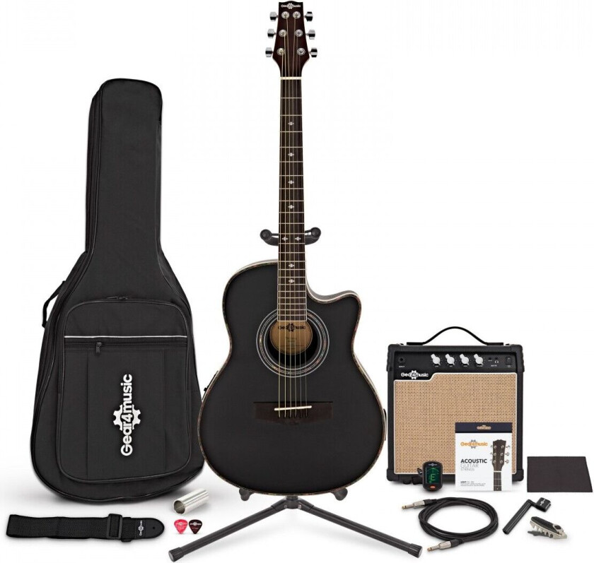 Gear4Music Roundback Elektroakustisk Gitar Svart + Fullstendig Pakke