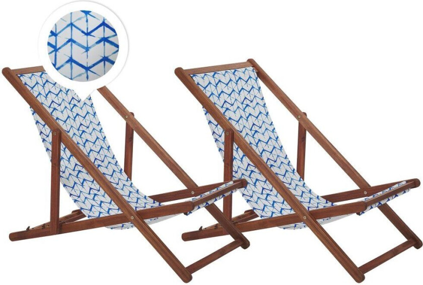 Sett med 2 solsenger Blå Hvit Mørkt akasietre Polyester Sammenleggbar Strandstol Hage Moderne