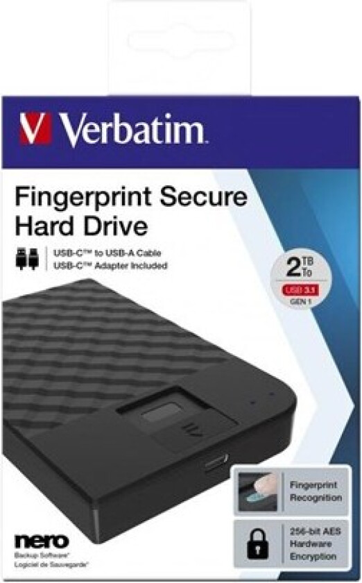 Fingerprint Secure - Ekstern Harddisk - 2TB - Svart