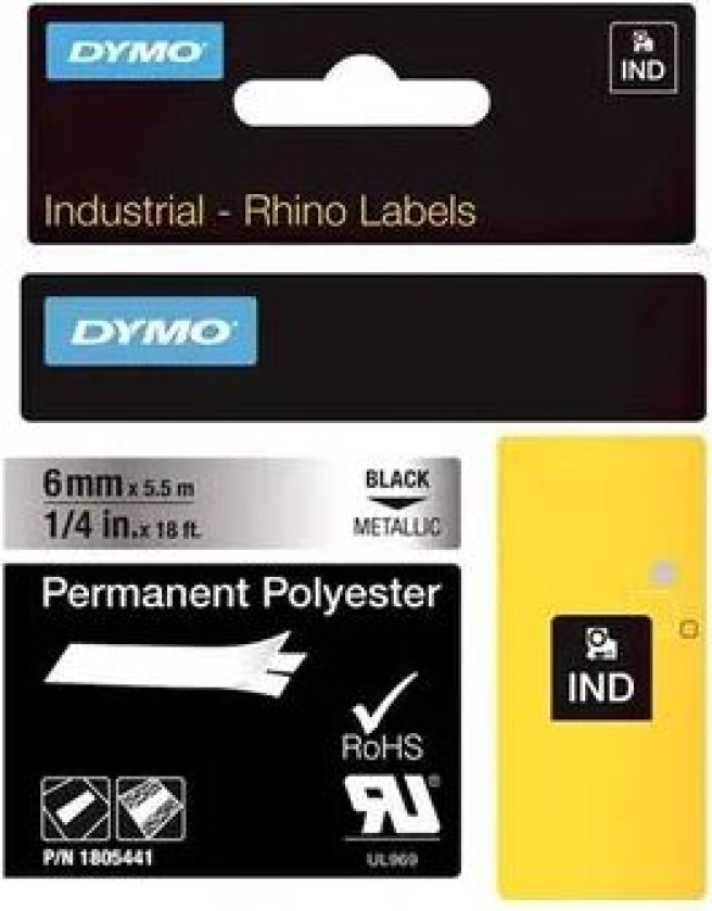 Dymo Tape Rhinopro Permanent Polyester 6mm Svart/metallisk