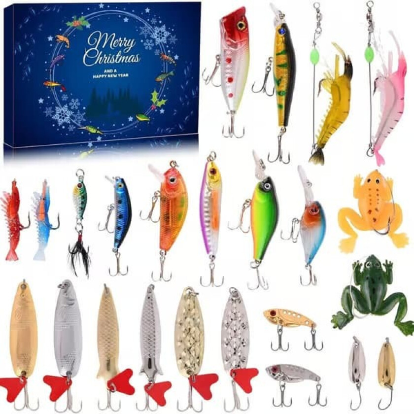 Fiskekalender 2026, 24-dagers julekalender med fiskesluker, julekalender med fisketilbehør, fisketilbehørssett, nedtellingskalender