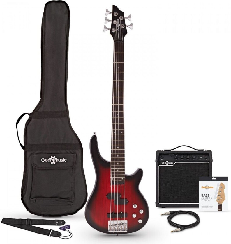 Gear4Music Chicago 5-strengers Trans Red Bassgitar + 15W Forsterkerpakke fra Gear4music