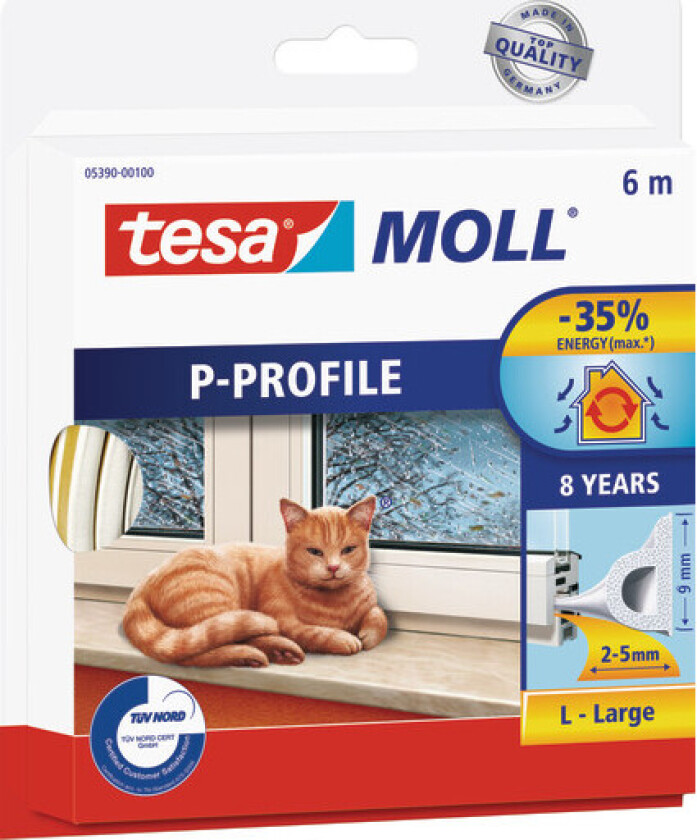 moll tetningsliste, P-profil, 6 m, hvit