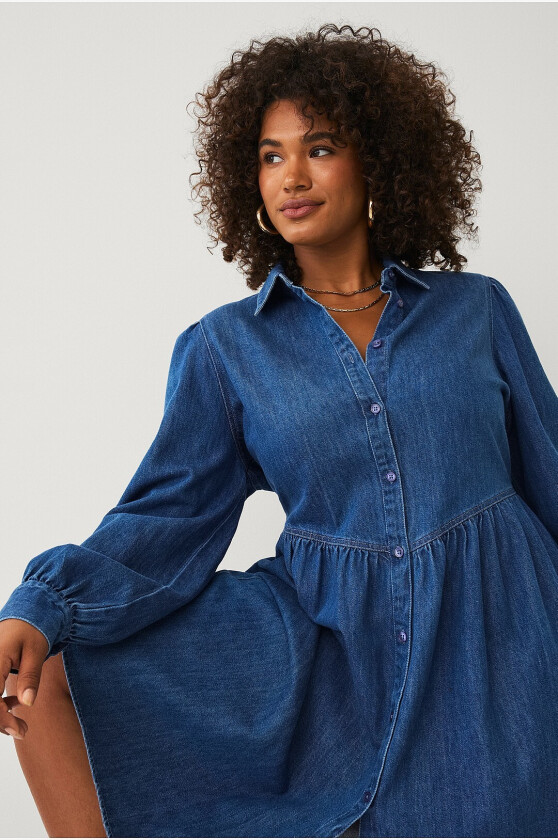 Denimkjole med puffermer - Blå