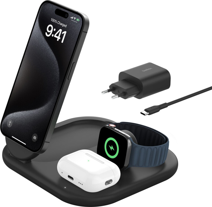 3-in-1 MagSafe Compatible Qi2 Wireless Stand/Pad, black