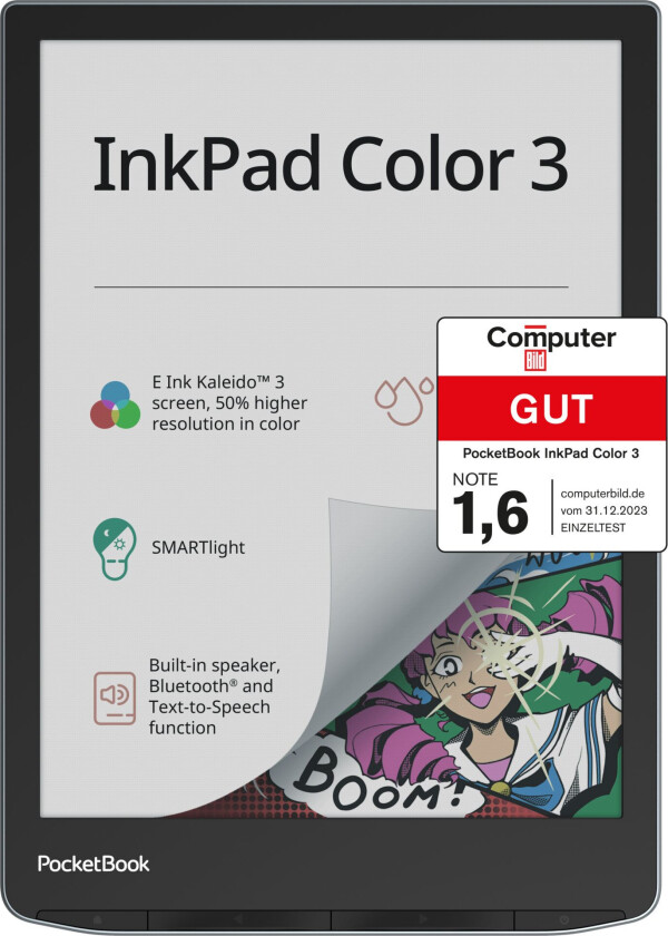 InkPad Color 3 Stormy Sea, 19,8 cm (7.8), E Ink, ACSM, AZW, AZW3, CBR, CBZ, CHM, DOC, DOCX, DjVu, EPUB, EPUB DRM, FB2, FB2.ZIP, HTM, HTML, MOBI,..., M4A, M4B, MP3, OGG, BMP, JPEG, PNG, TIFF, 32 GB