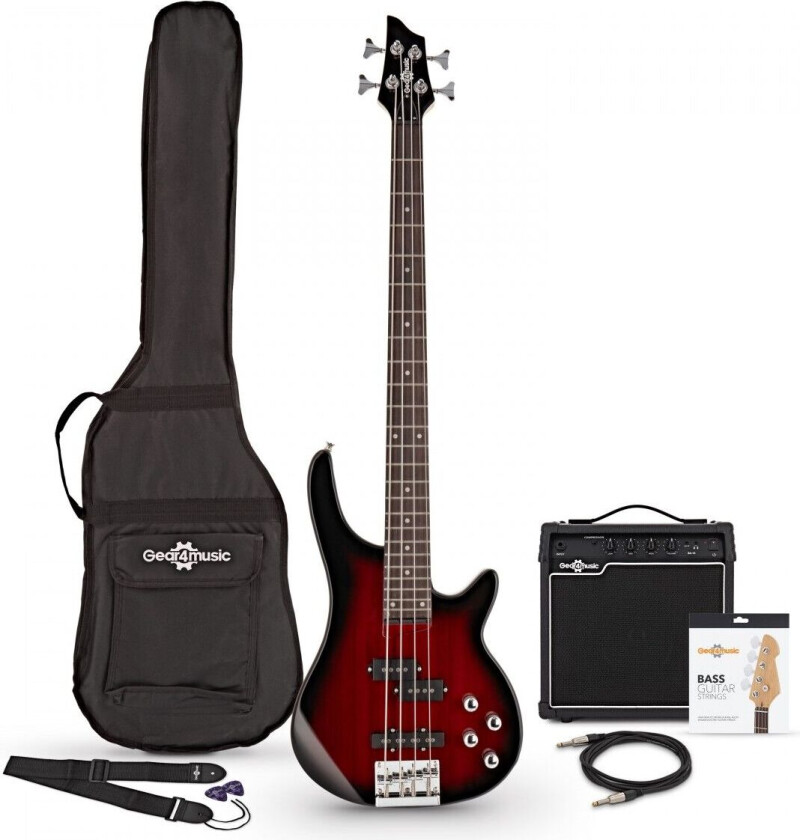 Gear4Music Chicago Bassgitar + 15W Forsterkerpakke Trans Red Burst