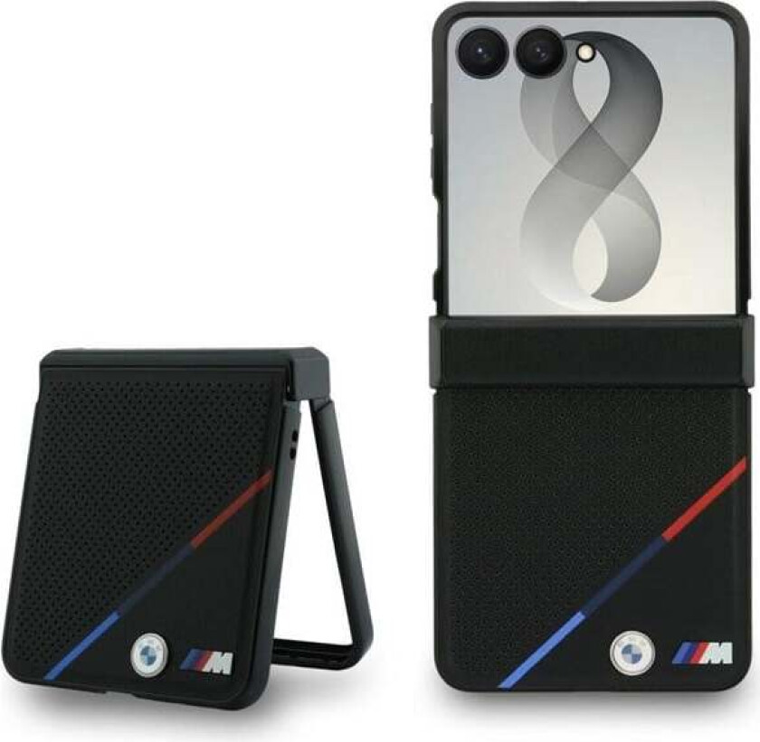 M Leather Perforated Tricolor Stripe Metal Logos MagSafe Case for Samsung Galaxy Z Flip 8 - Black
